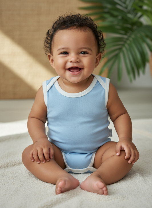 Blue and white sleeveless bamboo baby bodysuit with envelope sleeves