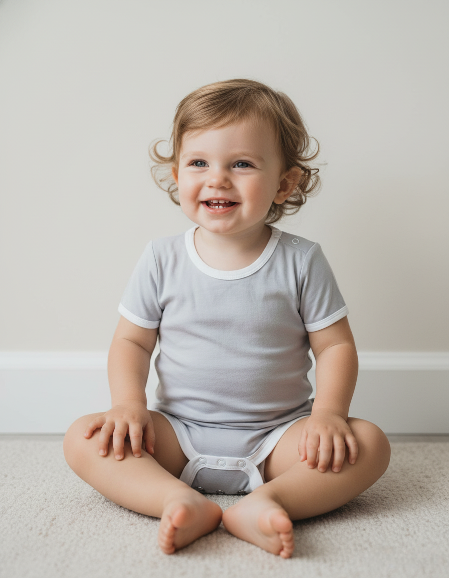 Grey and white short sleeve bamboo bodysuit for newborns and toddlers