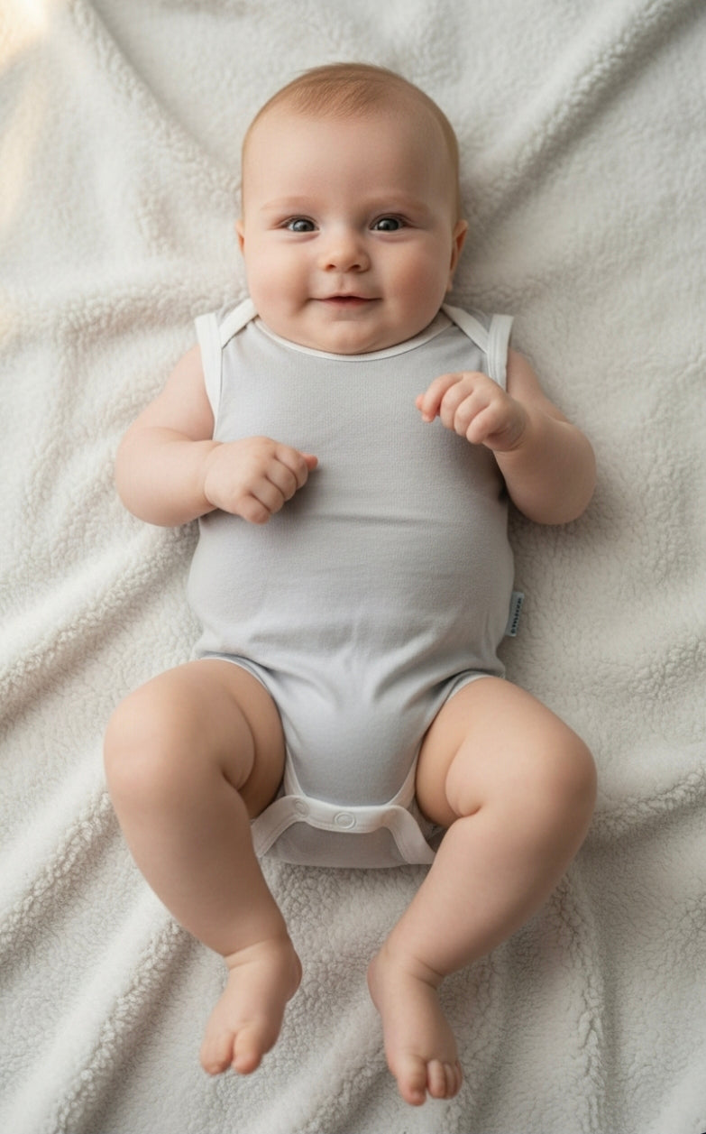 Light grey and white sleeveless bodysuit with an extended gusset.