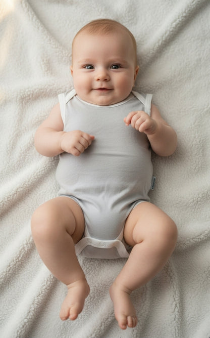 Light grey and white sleeveless bodysuit with an extended gusset.