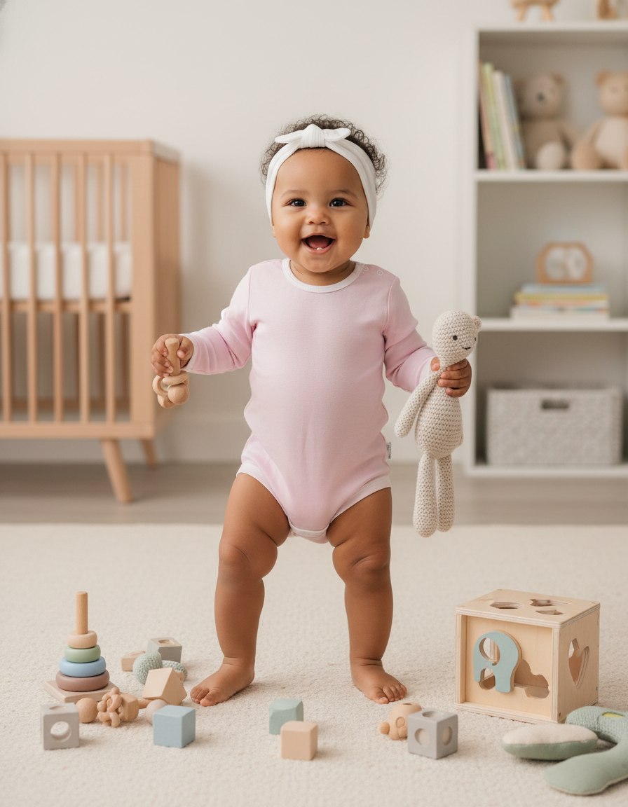 Pale pink and white long sleeve bodysuit, with an extended gusset. 