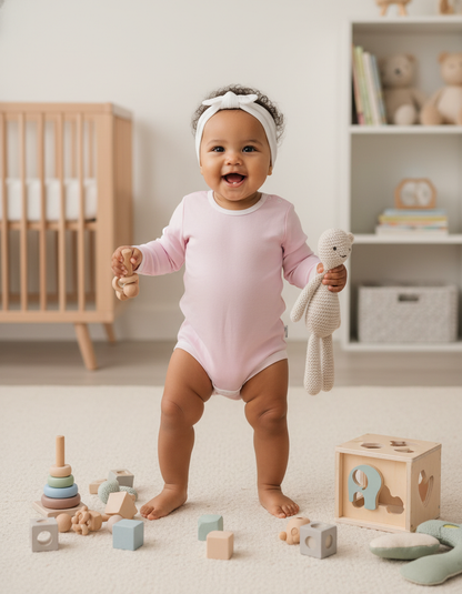Pale pink and white long sleeve bodysuit, with an extended gusset. 