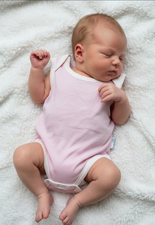 Newborn baby in a pink onesie lying on a white blanket