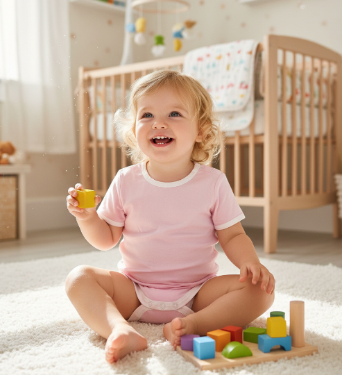 Pink short sleeve bamboo bodysuit for babies with extended gusset