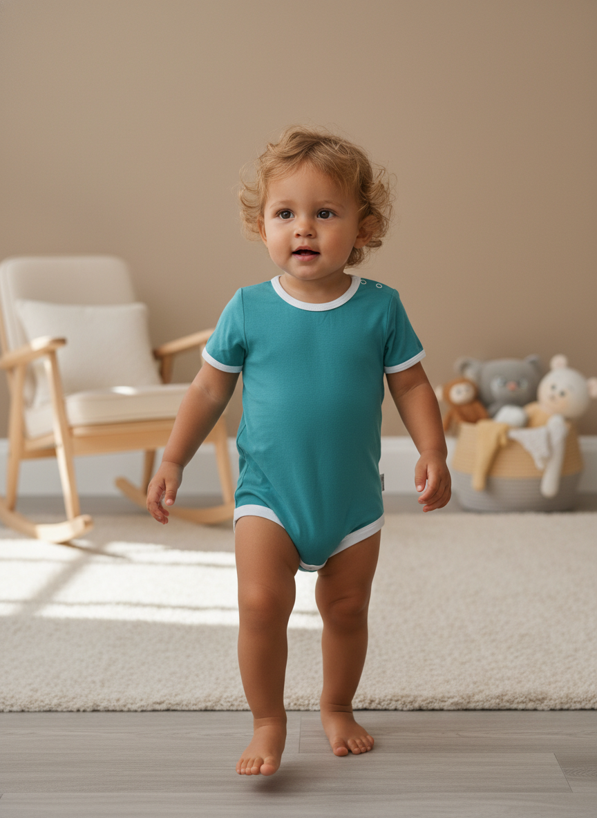 Teal and white short sleeve bamboo bodysuit with press stud shoulder