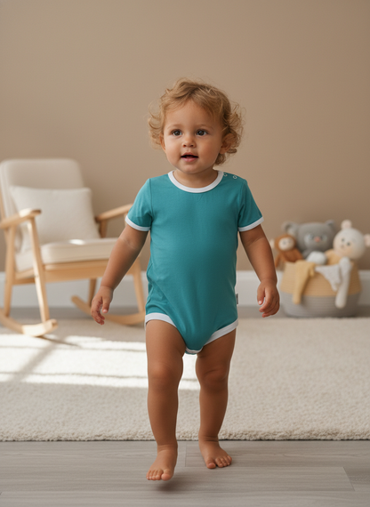 Teal and white short sleeve bamboo bodysuit with press stud shoulder