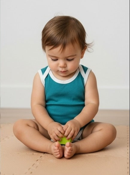 Teal and white sleeveless bamboo bodysuit with 11mm press studs